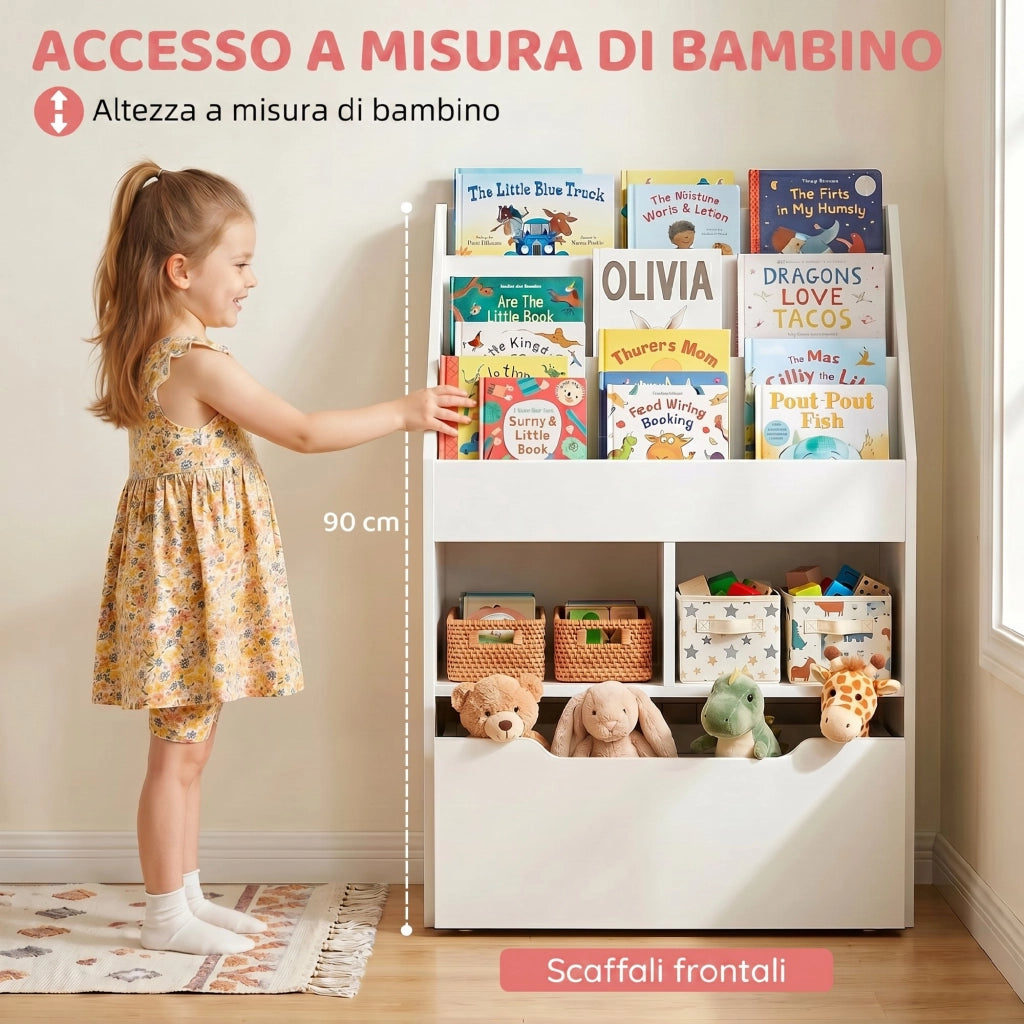 Piccola Libreria per Bambini con Ripiani e Cassetto in MDF. 60x29.9x90cm. Bianco