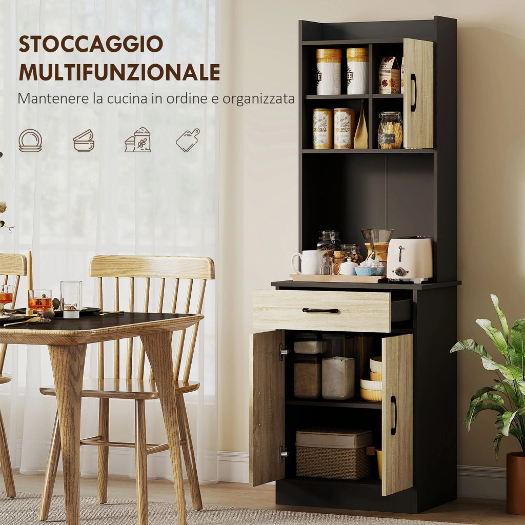 Mobile Alto Cucina Credenza Moderna 60x40x180 cm con Mensola e Foro Passacavi Rivestimento in Melamina Nero e Color
