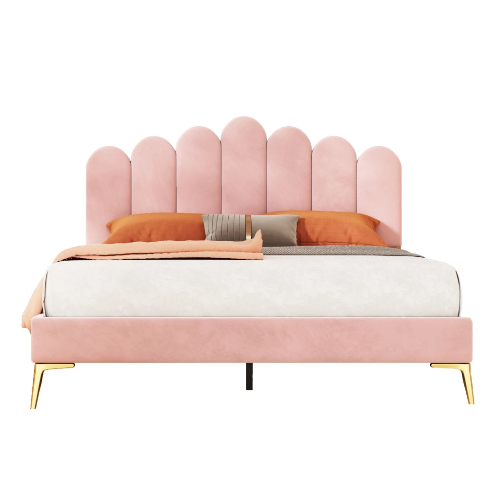 Letto imbottito matrimoniale 140x200 cm con testiera regolabile in velluto rosa e rete a doghe