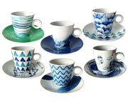 MA MAISON SET 6 TAZZINE DA CAFFÈ CON PIATTINO FANTASIA CON LE TONALITÀ DEL CELESTE