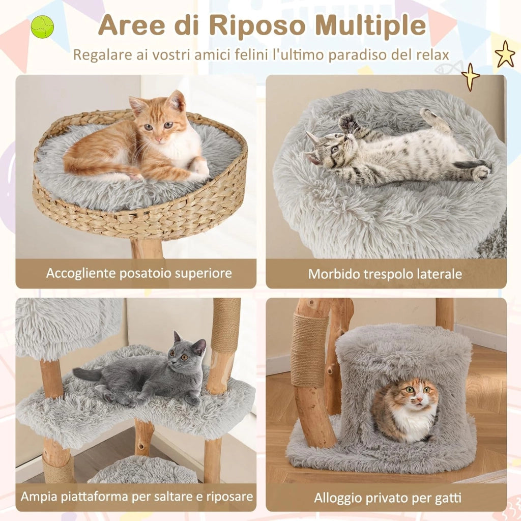 Albero per Gatti in Legno Alto 124 cm, Albero Tiragraffi per Gatti in Legno Massello con Pali di Corda di Juta, Torre Moderno per Animali Domestici Interni a 5 Livelli (Grigio)