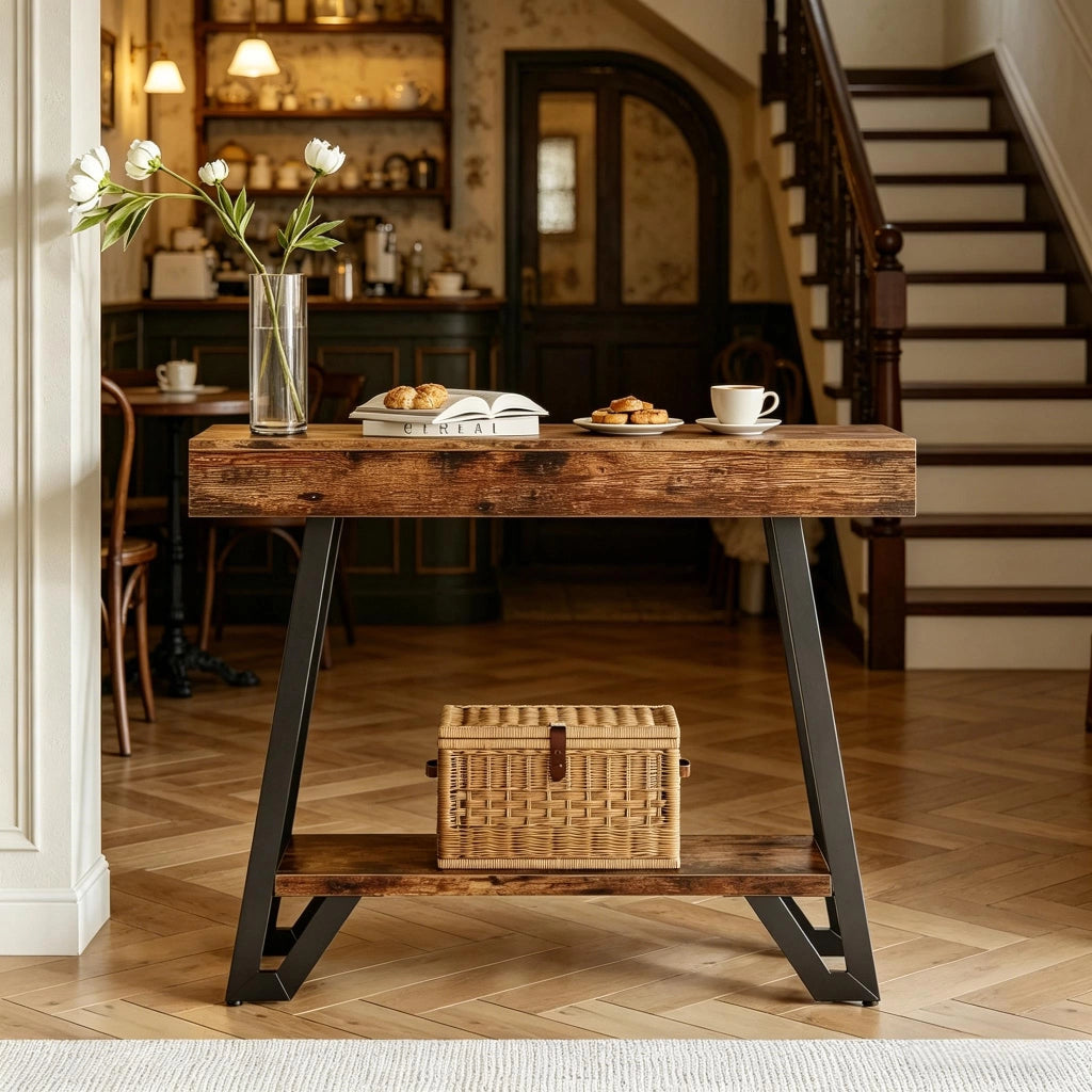 Tavolino basso rettangolare con 2 ripiani, stile vintage industriale, per soggiorno e ingresso, in MDF e metallo, nero