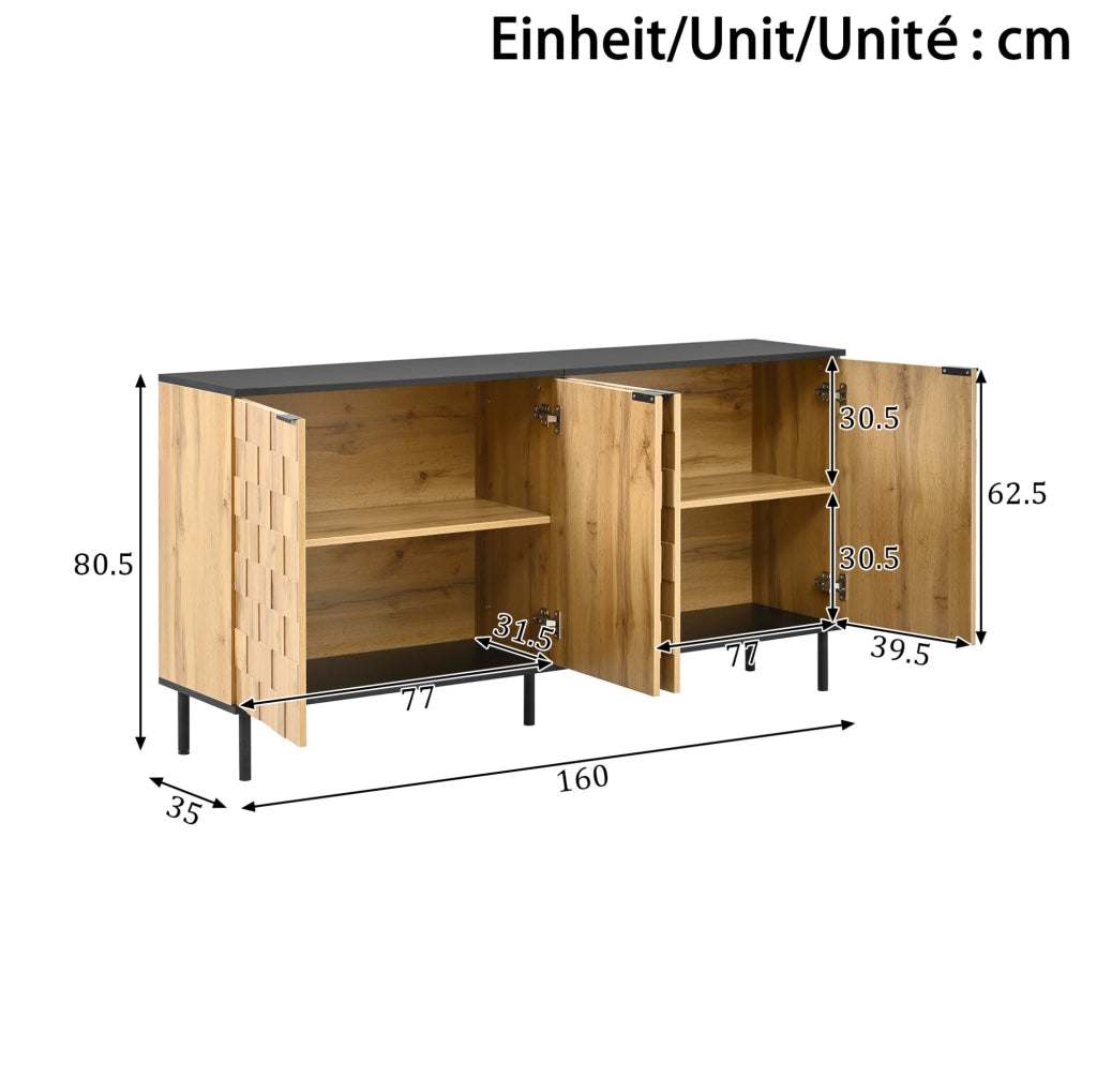 Sideboard 160x35x80.5 cm con 2 ante a mosaico e ripiano fisso in truciolare naturale e nero