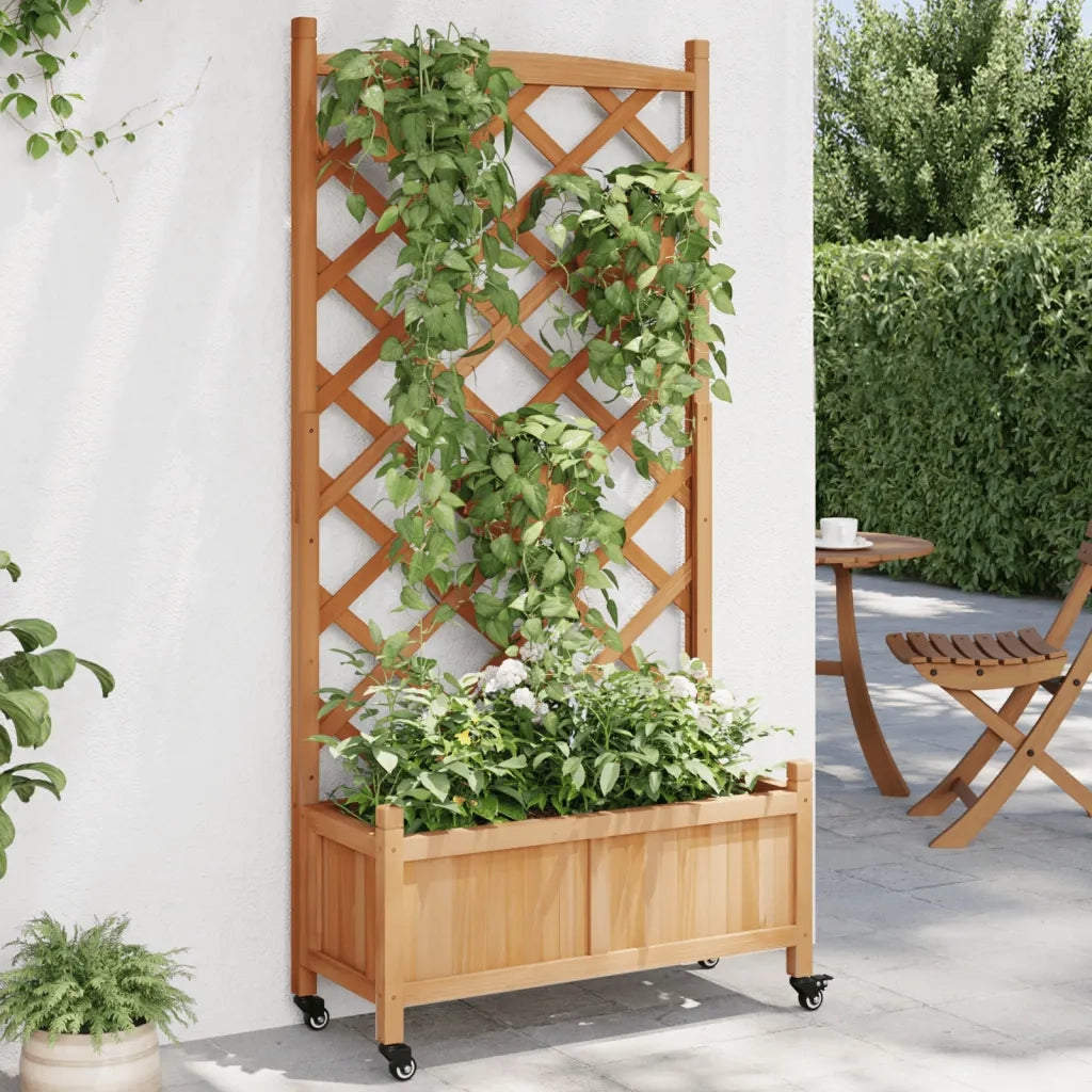 Fioriera | Cassetta per fiori | Vaso con Traliccio e Ruote Marrone Legno Massello di Abete