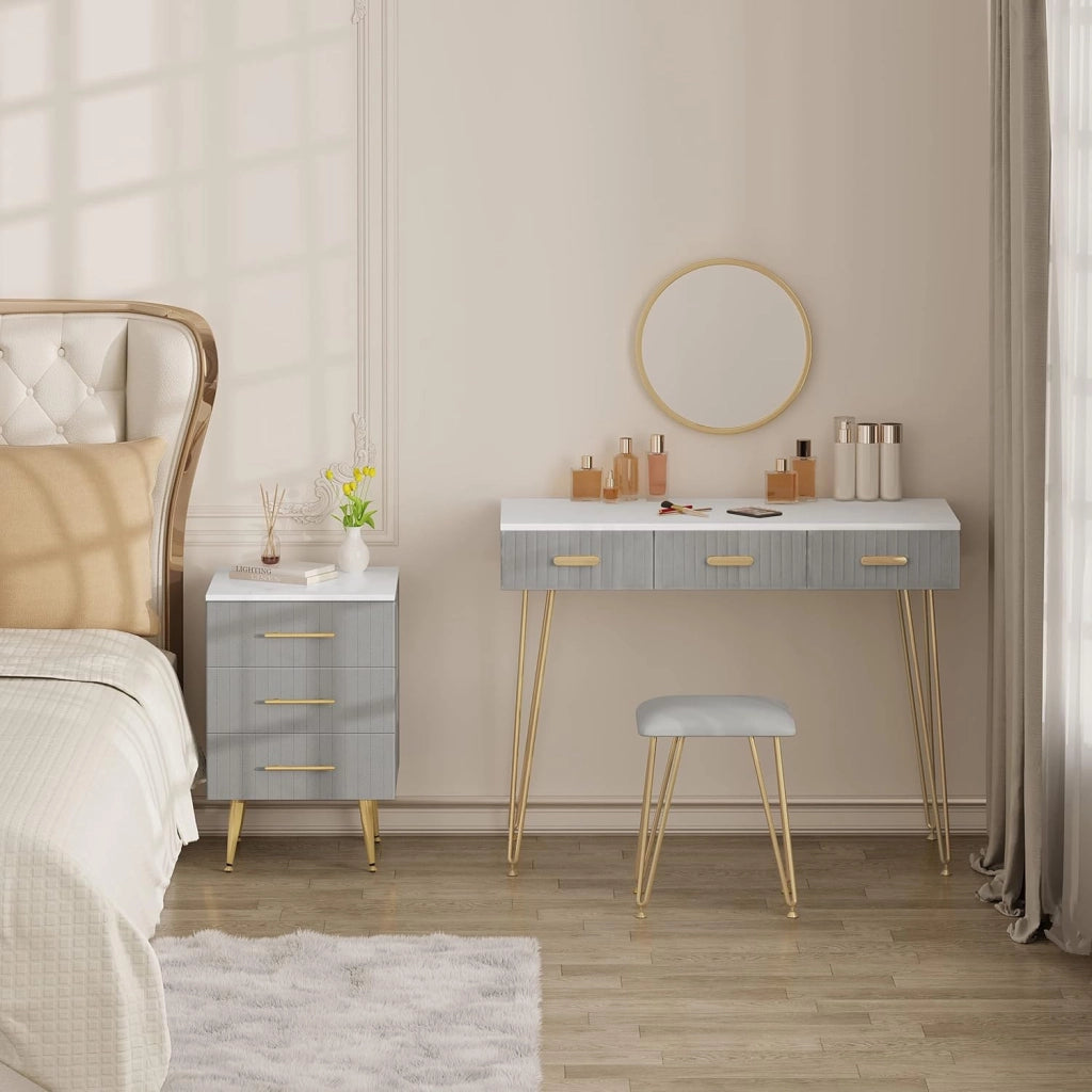Set di 2 Comodino Camera da Letto in Velluto con Tre Cassetti, Cassettiera in Legno, Organizzatore da Letto, Gambe in Metallo, Bianco e Grigio, TS135gr-2