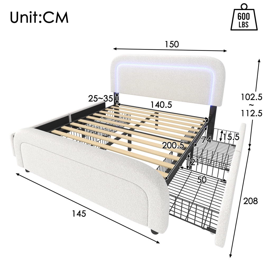 Letto imbottito 140x200 cm con LED, USB-C e 4 cassetti, bianco