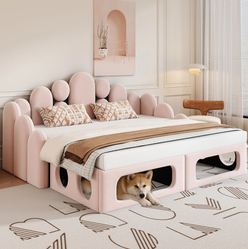 Letto multifunzione imbottito 180x200 cm in velluto rosa con cuccia per animali e schienale