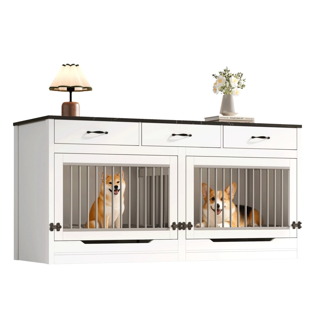 Mobile gabbia per cani in MDF e metallo con divisorio e 3 cassetti