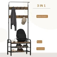 Appendiabiti da Terra in Stile Industriale con Scarpiera, 3 Ripiani e 8 Ganci, Legno MDF e Metallo, 72x34x185cm, Nero e Legno