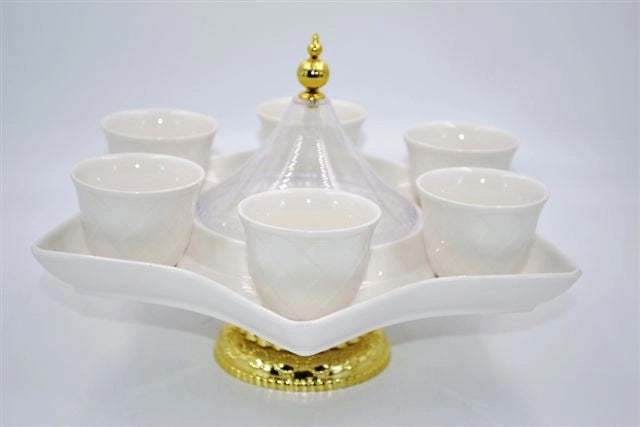 Set 6 Tazzine Tazze caffe' in Porcellana Bianca con Vassoio Girevole Stella