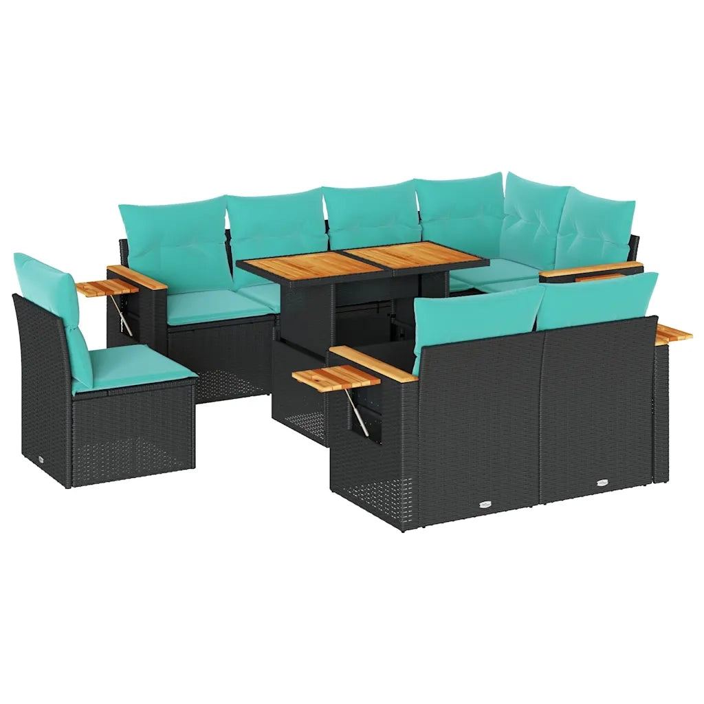 Set Divani da Giardino 9 pz con Cuscini Nero Polyrattan Acacia