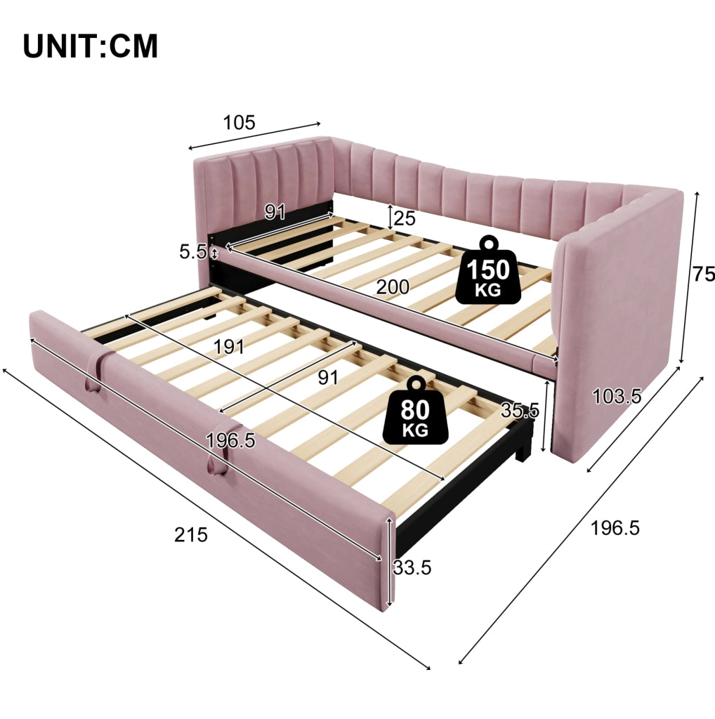 Divano letto 90x200 cm (180x200 cm) con letto estraibile in velluto rosa