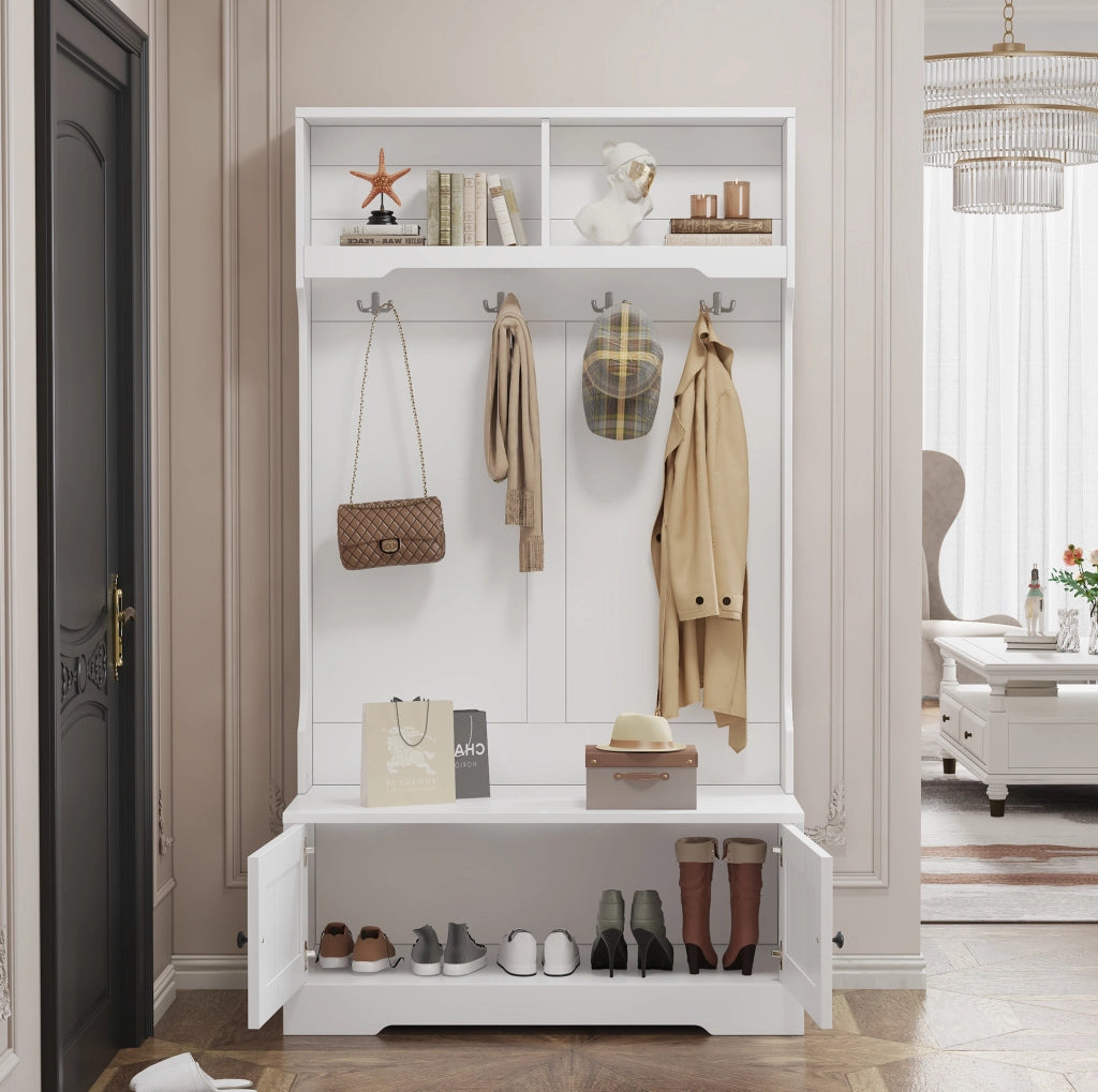 Mobile ingresso bianco con panca; 4 ganci e 2 vani aperti; 101;5 x 183 cm; in truciolare