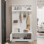 Mobile ingresso bianco con panca; 4 ganci e 2 vani aperti; 101;5 x 183 cm; in truciolare