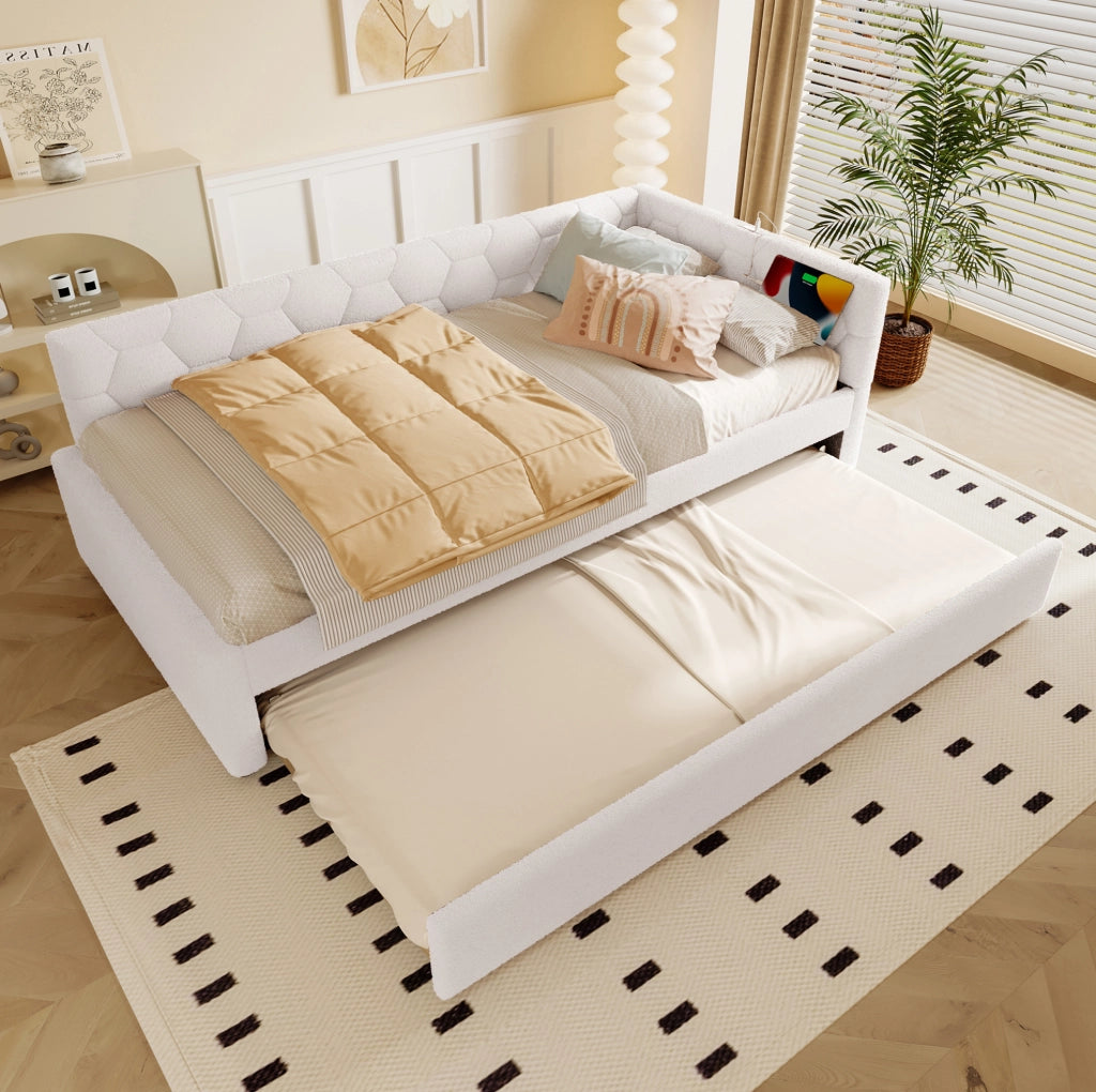 Letto 90x200 cm con letto estraibile; USB; Type-C e luce notturna in bouclé bianco