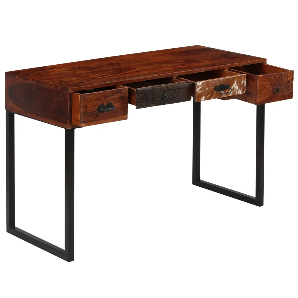 Scrivania Legno Massello di Acacia e Vera Pelle 117x50x76 cm 244847