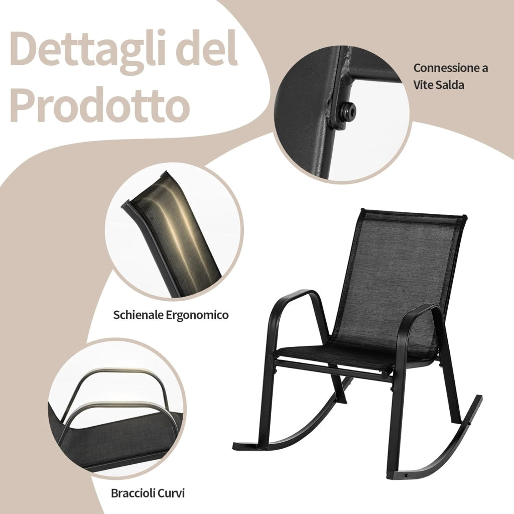 Sedie a Dondolo da Giardino 2 Pezzi, Dondoli da Esterno Ergonomici in Textilene Traspirante e Movimento Dolce, Sedie Dondolo da Balcone Terrazzo Giardino, Portata 150 kg (Nero)
