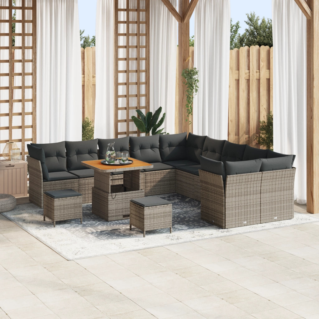 Set di Divani da Giardino con Cuscini da 13 Pezzi Grigio Rattan Polietilene Acacia