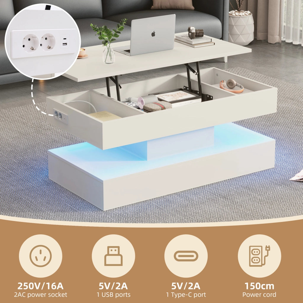 Tavolino da caffè alzabile con vano nascosto e LED - per soggiorno - 100×50×42 cm - bianco