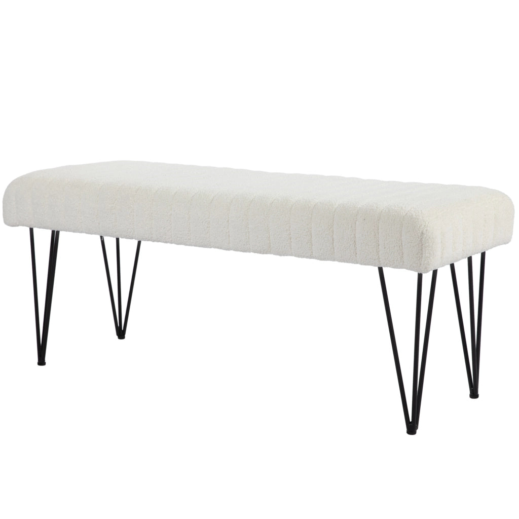 Panca Fondoletto Moderna con Gambe a Forcina, Panca Imbottita in Tessuto Effetto Ciniglia, Legno e Metallo, 118.5x46x49.5 cm, Crema