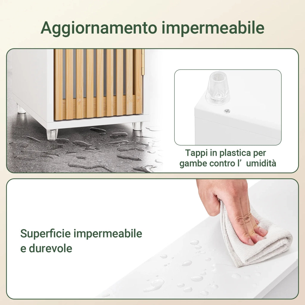 SoBuy BZR34-BW Mobile Bagno Salvaspazio Colonna Armadietto Alto con 6 Ripiani Regolabili, Mobiletto da Bagno con Ante in Bambù, Mobiletto Stretto per Piccoli Spazi, Bianco, 20x20x180cm