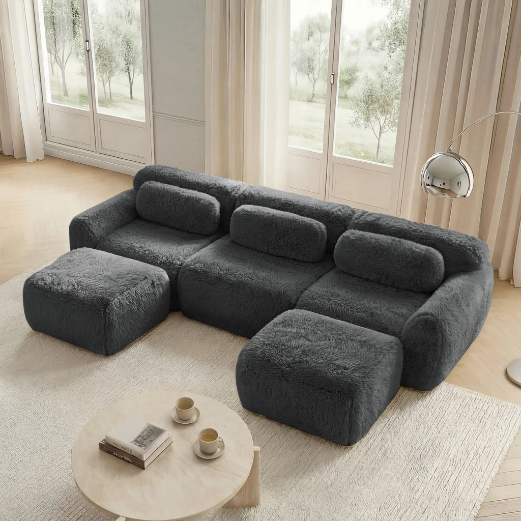 Divano Modulare A U 4 Posti Senza Montaggio con Cuscini Seduta Ampia Effetto Nuvola Base Antiscivolo in Peluche Grigio
