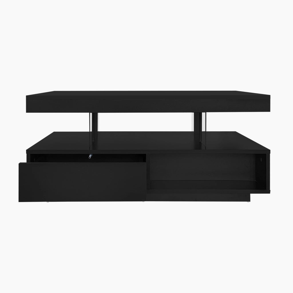 Tavolino da caff¨¨ nero lucido 95x50x42,5 cm con 4 inserti in vetro, 2 cassetti e 2 vani a giorno