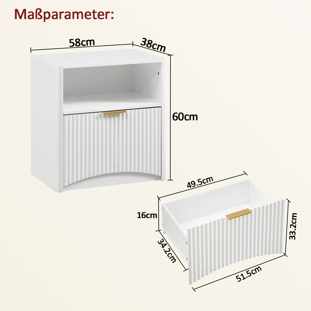 Comodino con 1 cassetto, vano aperto e maniglia dorata, per camera da letto e soggiorno, bianco 58 × 38 × 60 cm