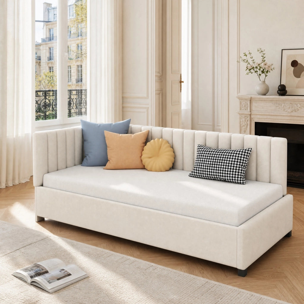 Letto imbottito 90x200 cm con rete a doghe; in velluto beige