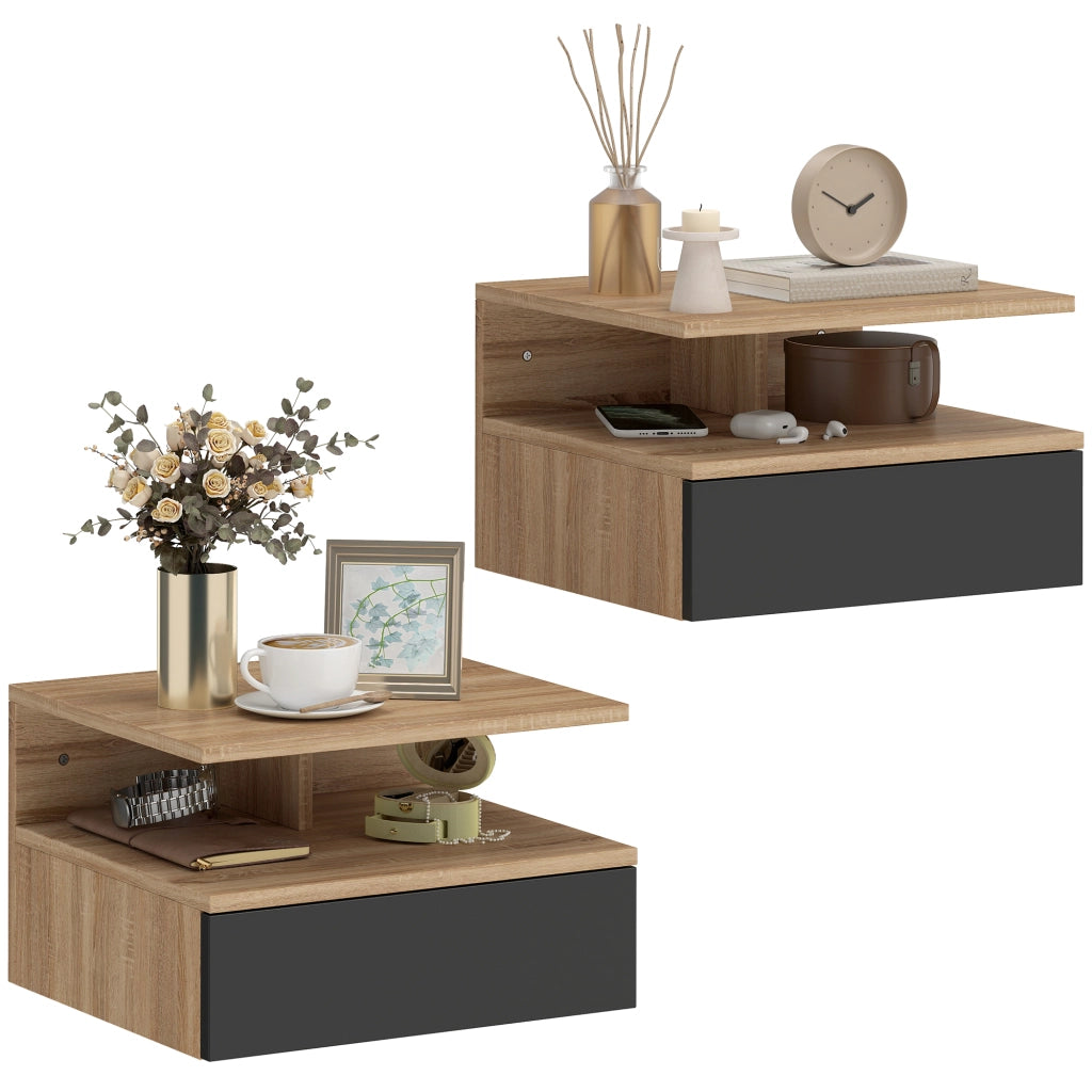 Set di 2 Comodini Sospesi con Cassetto e Mensola Aperta, 35x32x22.5 cm, Nero e Rovere
