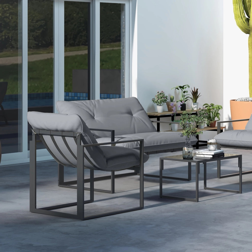 Set 4 Pezzi da Giardino con Divanetto 2 Poltrone e Tavolino in Acciaio, Poliestere e Cotone PP Nero e Grigio
