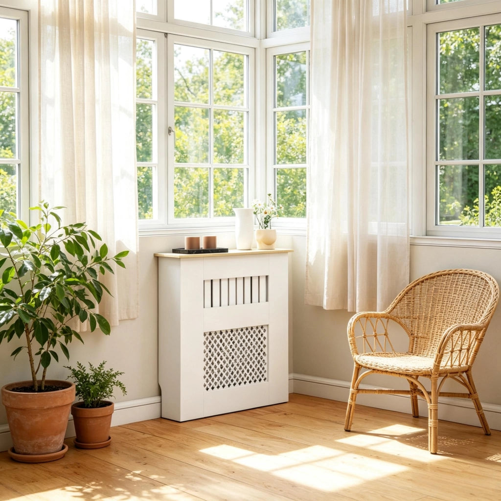 Copriradiatore bianco 78x19x81 cm, design moderno con lamelle e motivo a nido d'ape per termosifoni