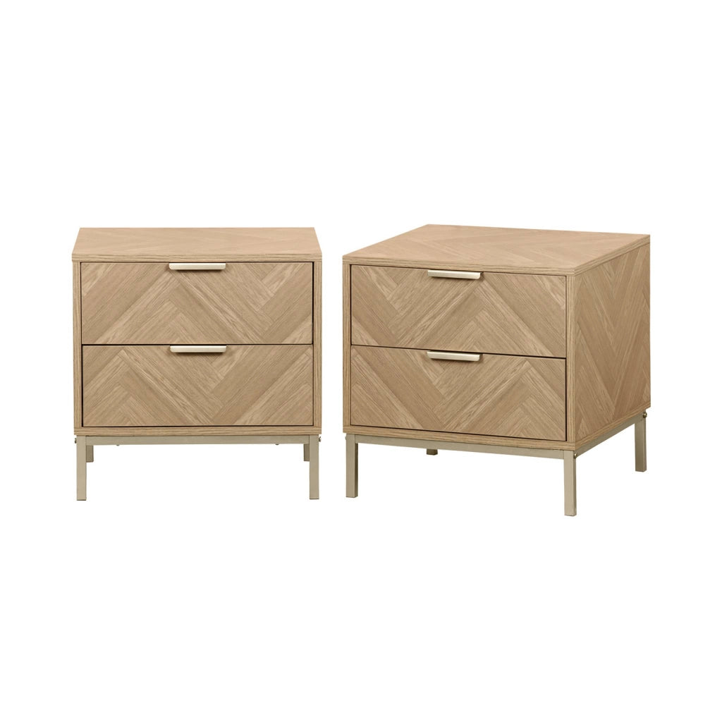 Set 2 comodini effetto legno con motivo a spina di pesce, marrone