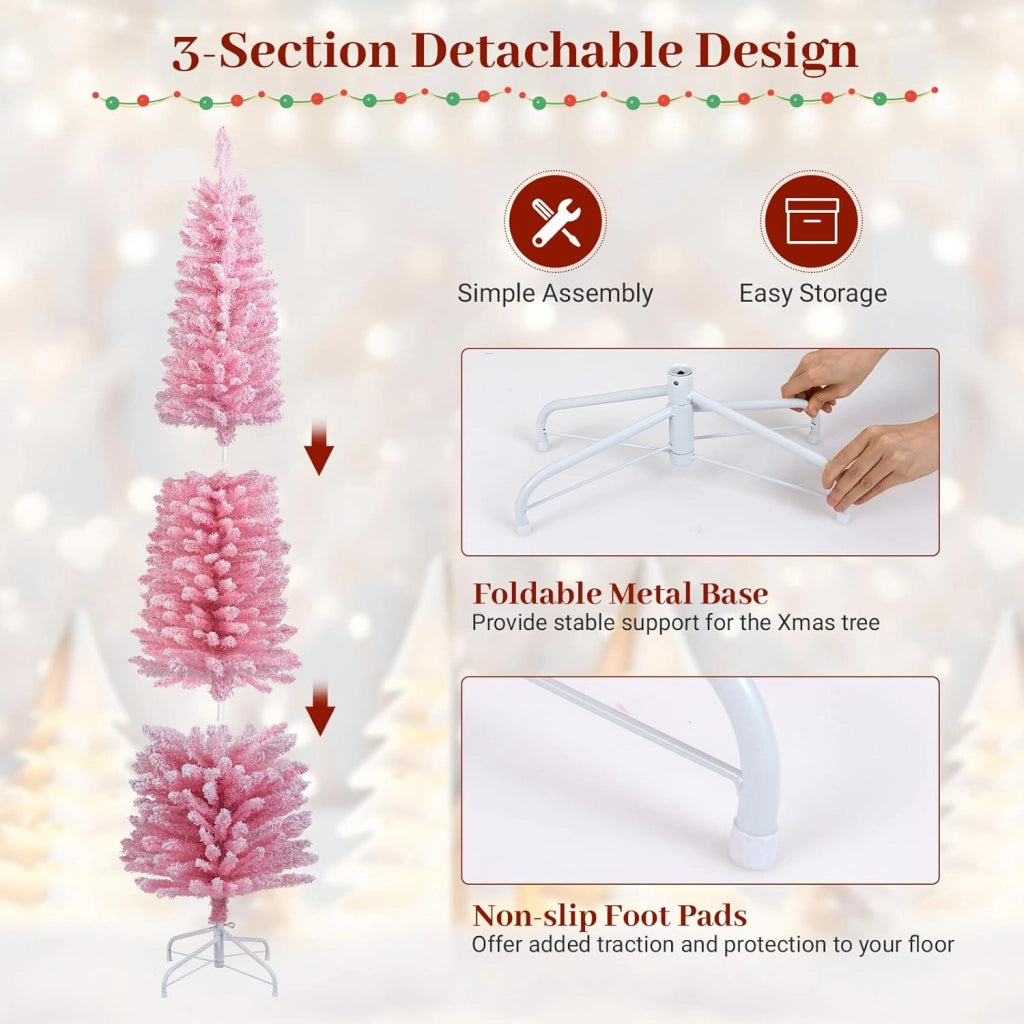 180 cm Albero di Natale Artificiale Rosa, Albero di Natale a Matita con 460 Punte di Rami Innevati e Base Pieghevole in Metallo, Albero non Illuminato per Festa e Decorazione