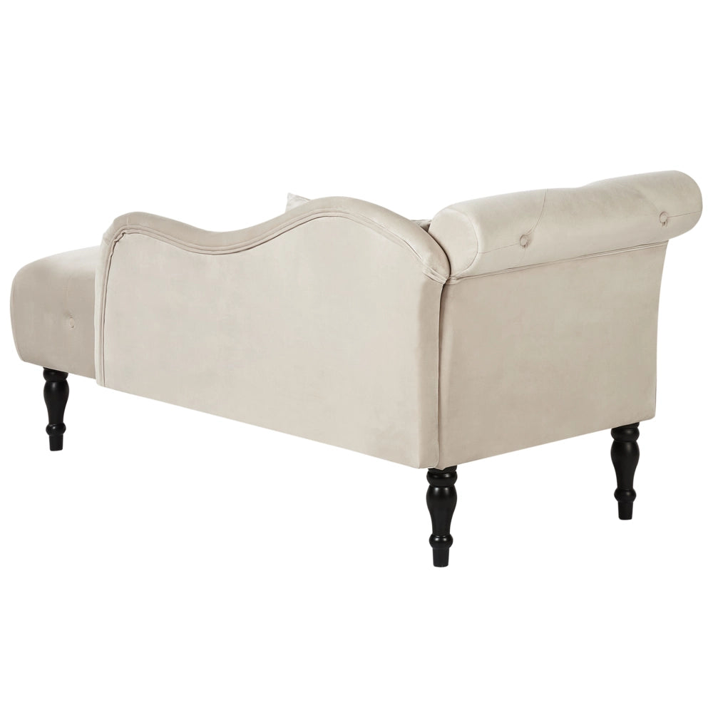 Chaise longue in velluto beige chiaro imbottito con rivestimento a sinistra e cuscino in stile retrò tradizionale