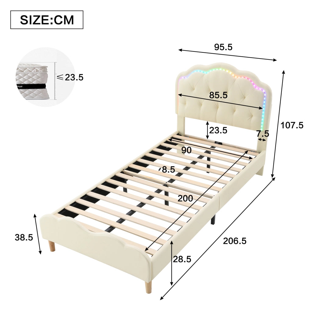 Letto singolo imbottito beige in PU con testiera ondulata, LED multicolore e rete a doghe in legno 90x200 cm