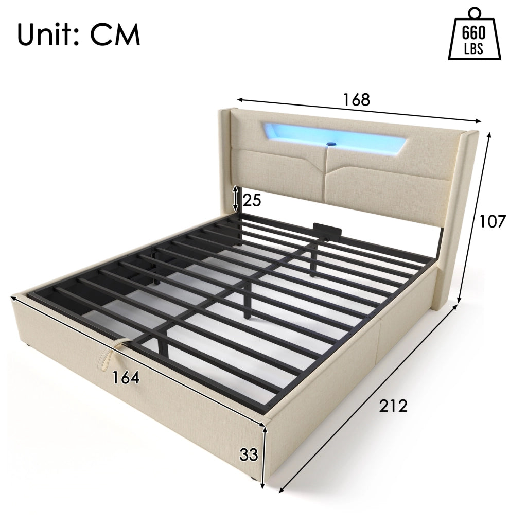 Letto matrimoniale 160x200 cm beige con LED, USB-C e contenitore