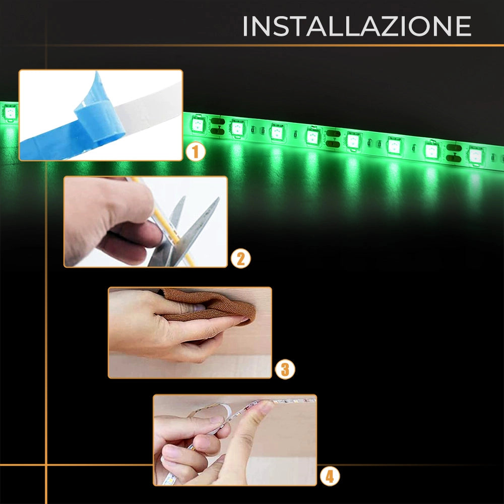 STRISCIA LED 12V VERDE AD ALTA LUMINOSITA' 60 LED/M GRADO DI PROTEZIONE IP65 - IDEALE PER INSTALLAZIONI VERSATILI E FACILE DA APPLICARE CON BIADESIVO 3M