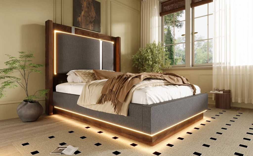 Letto contenitore 90x200 cm con LED, rete a doghe e struttura idraulica, senza materasso