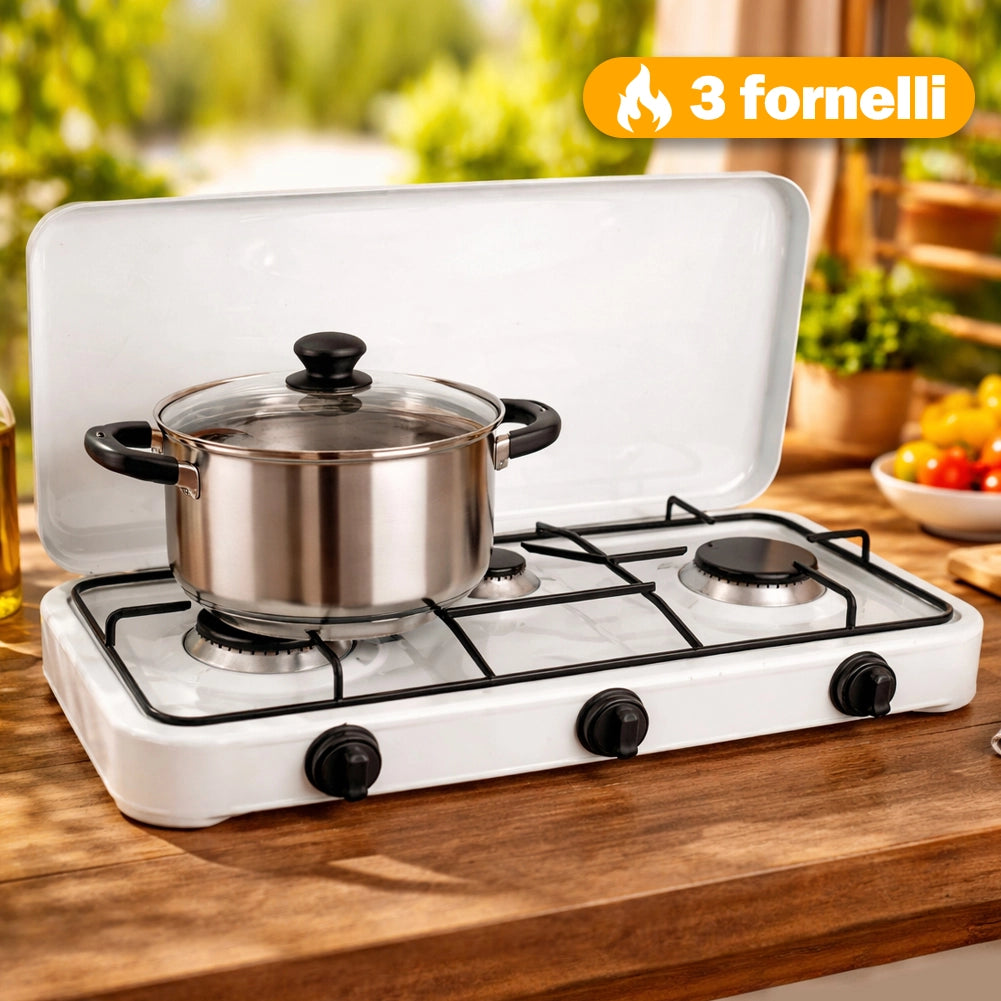 Fornello Cucina Gas con 3 Fuochi Fornelli e Pomelli Regolabili Alimentazione GPL