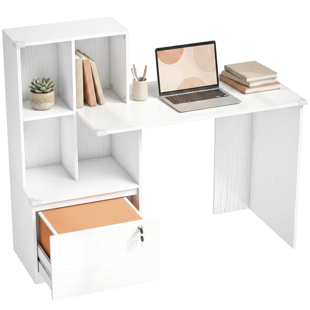 Scrivania computer con libreria 4 ripiani e cassetto ¨C Xylo ¨C Legno bianco 126x50x109 cm