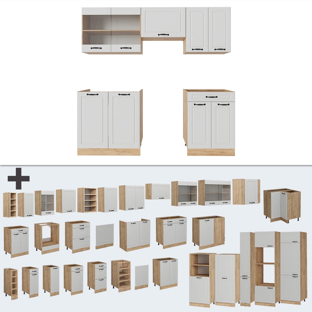 Cucina componibile R-Line Bianco rustico/Rovere dorato 200 cm senza piano di lavoro Vicco