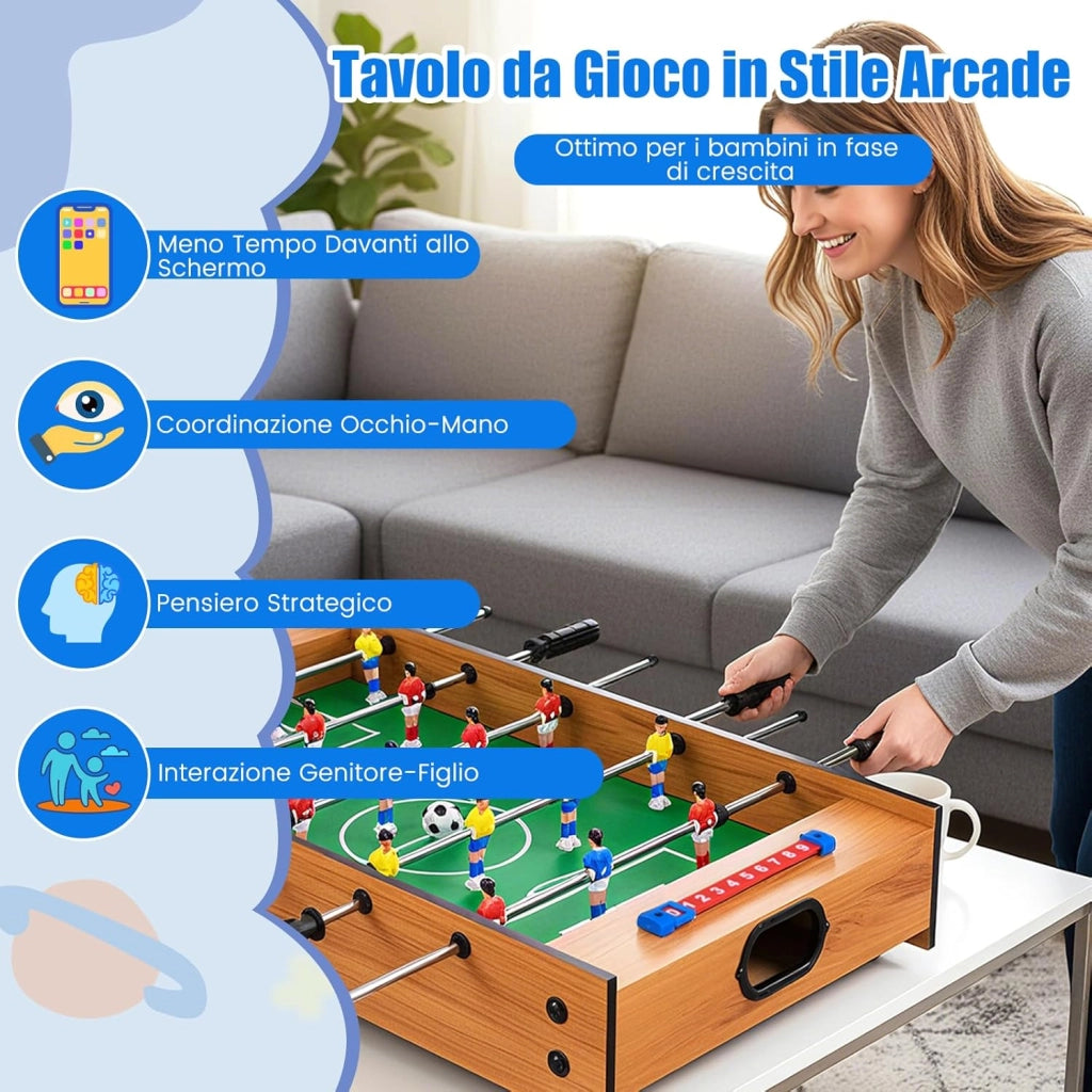 2 in 1 Calcio Balilla in Legno, Calcetto da Tavolo e Hockey da Tavolo con 6 Aste, con 2 Segnapunti, Biliardino per Bambini e Adulti da Casa, 69 x 36 x 10 cm