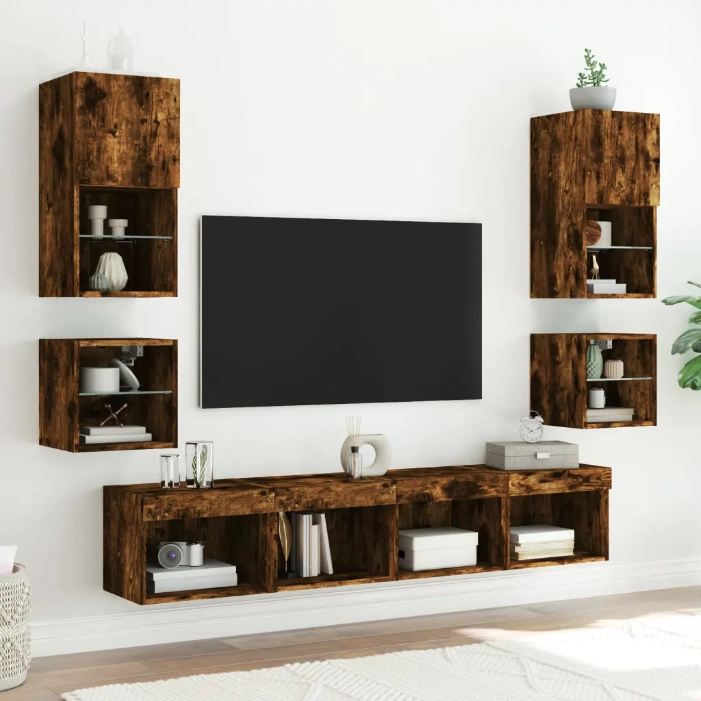 Mobili TV a Muro con LED 8pz Rovere Fumo in Legno Multistrato 3216594