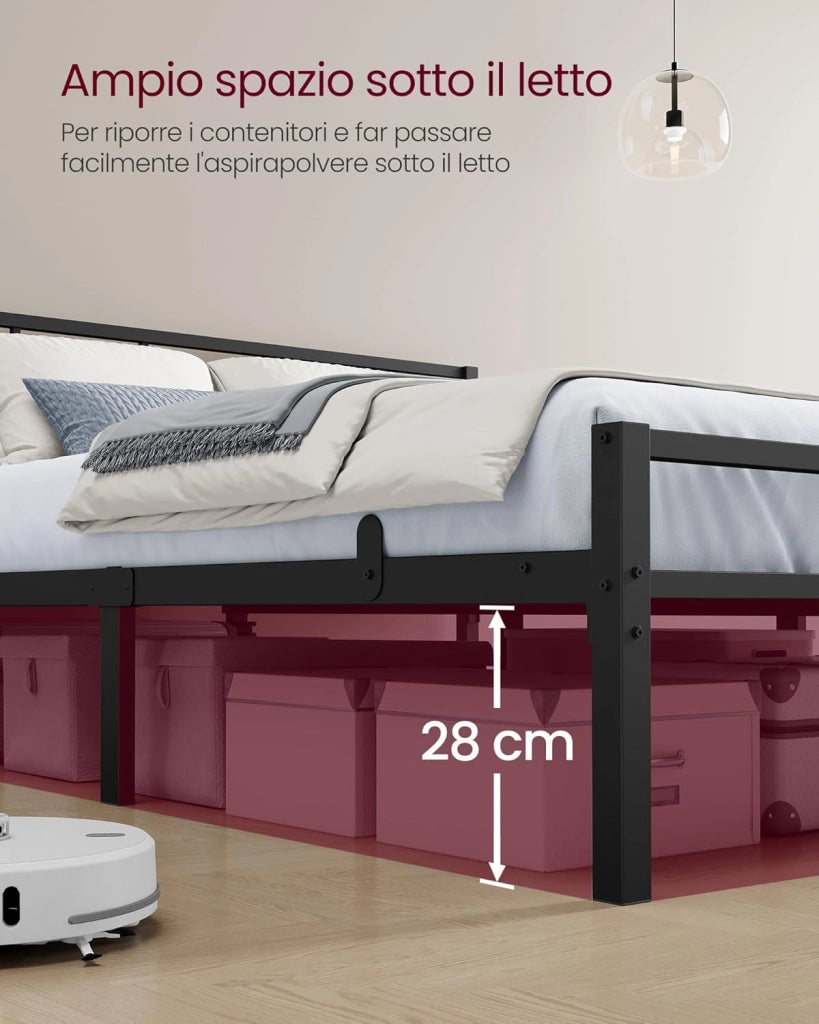 VASAGLE Telaio letto matrimoniale 160 x 200 cm, telaio letto con rete a doghe, testiera, letto in metallo, portata fino a 500 kg, facile da montare, per camera da letto, colore nero inchiostro