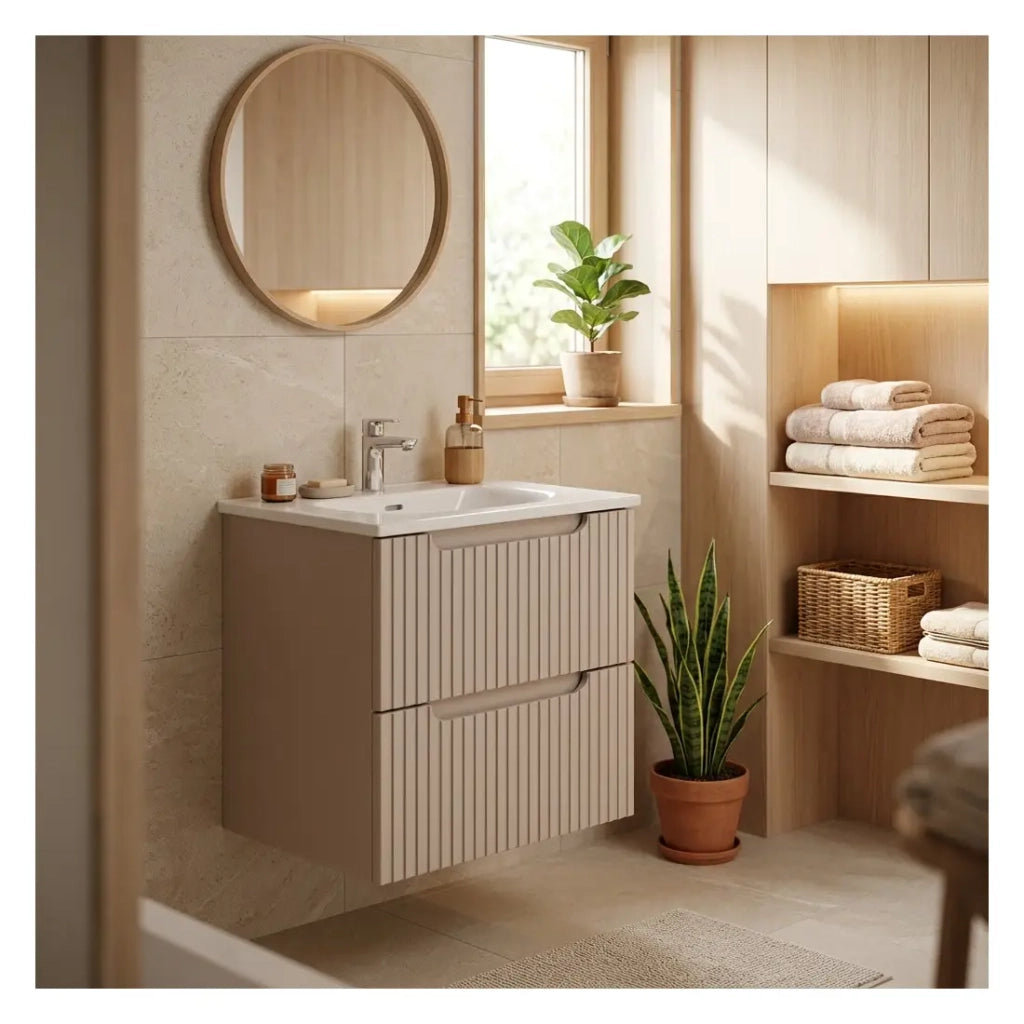 Insieme VANO cashmere e bianco 50cm: mobile sottolavabo con cassetti scanalati verticalmente + lavabo incassato bianco