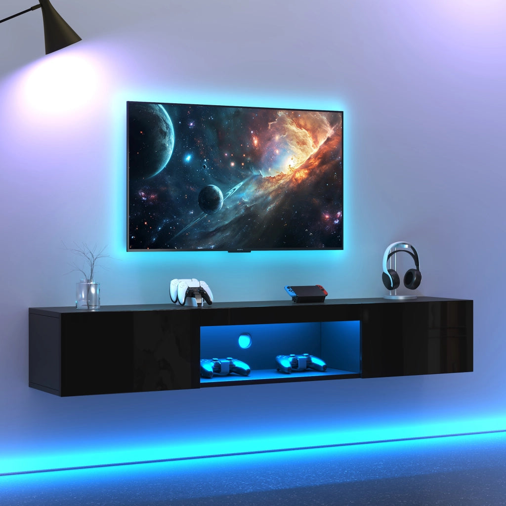 Mobile porta TV sospeso con LED, vani aperti e due ante, finitura lucida nera, 160 × 31 × 22 cm