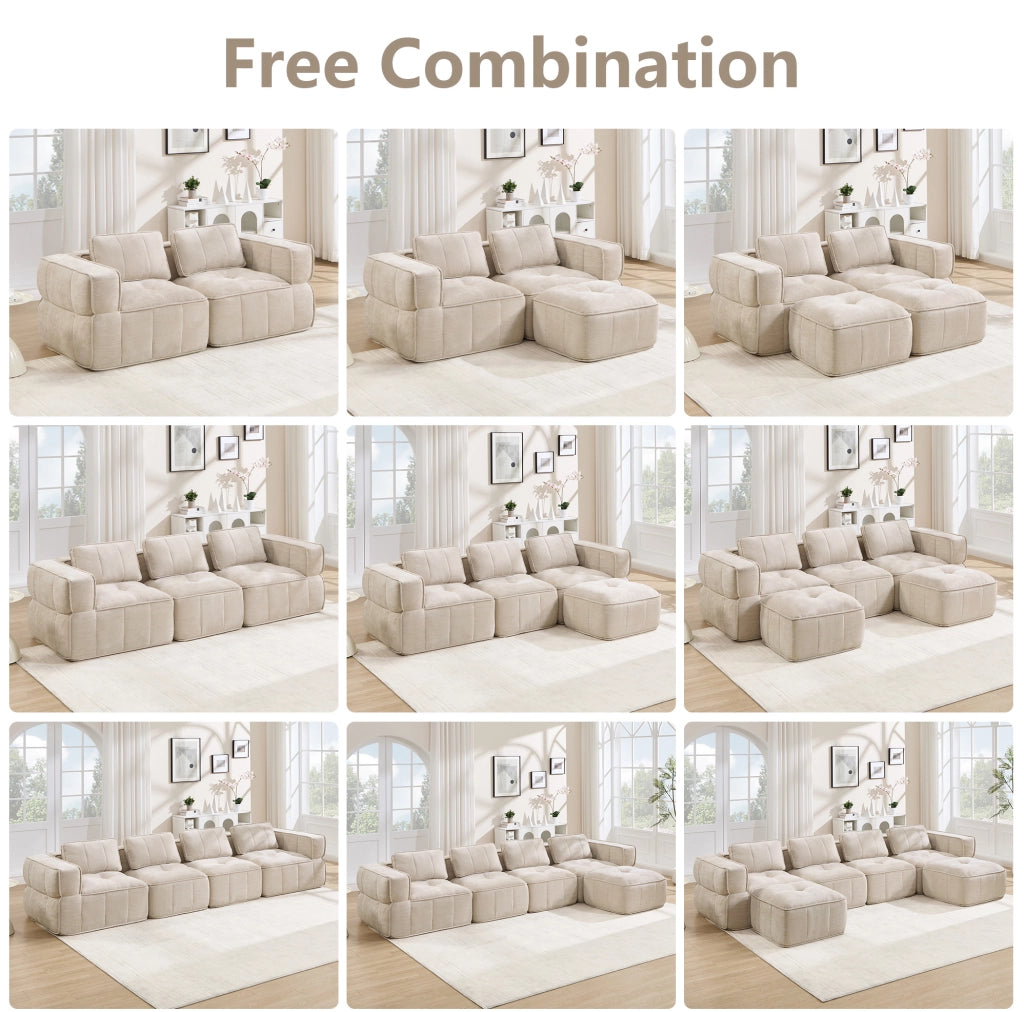 Divano modulare in poliestere beige con seduta profonda; 198x162x67 cm