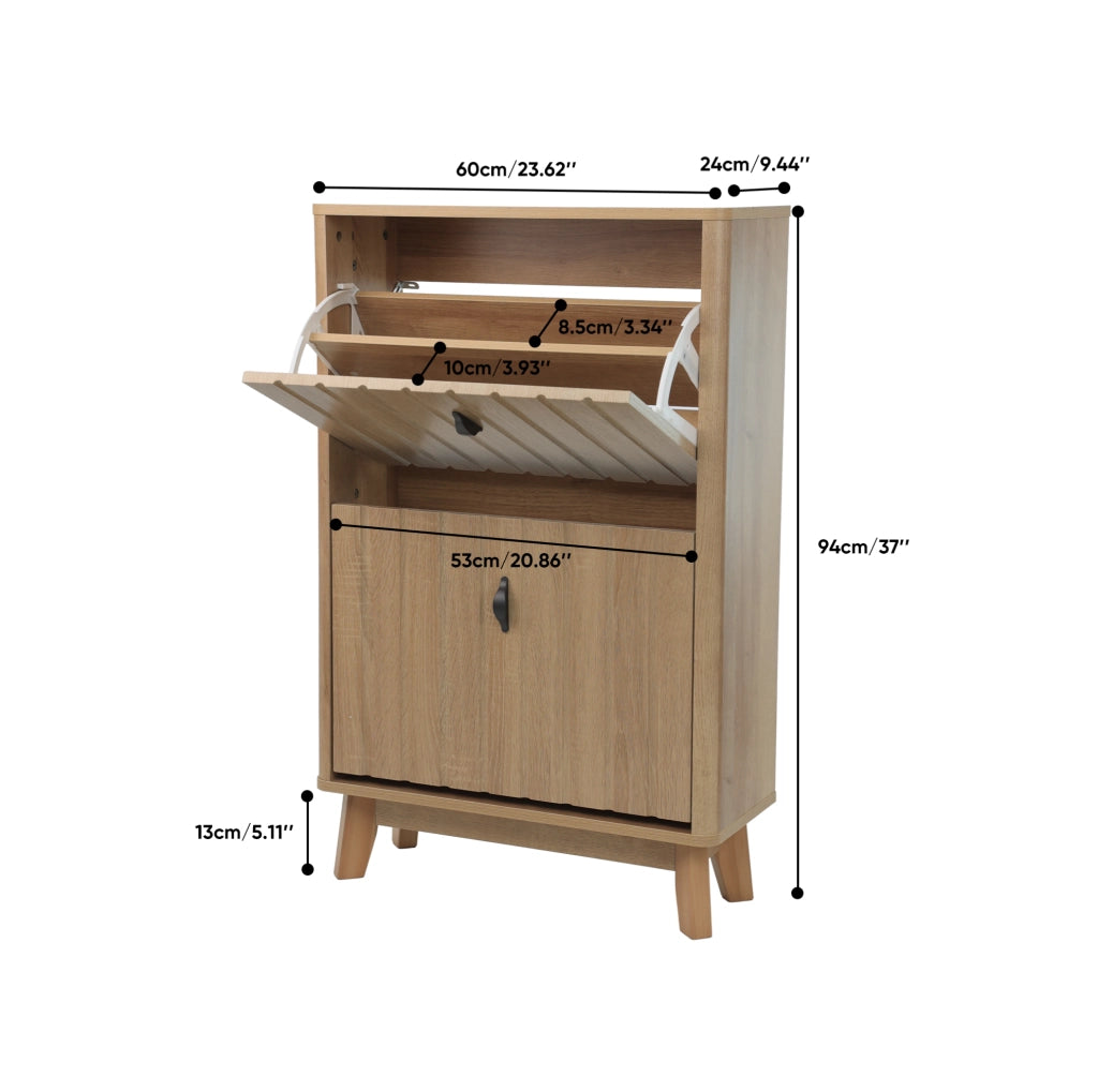 Scarpiera salvaspazio con vano a ribalta e doppia anta; rovere; MDF e truciolare