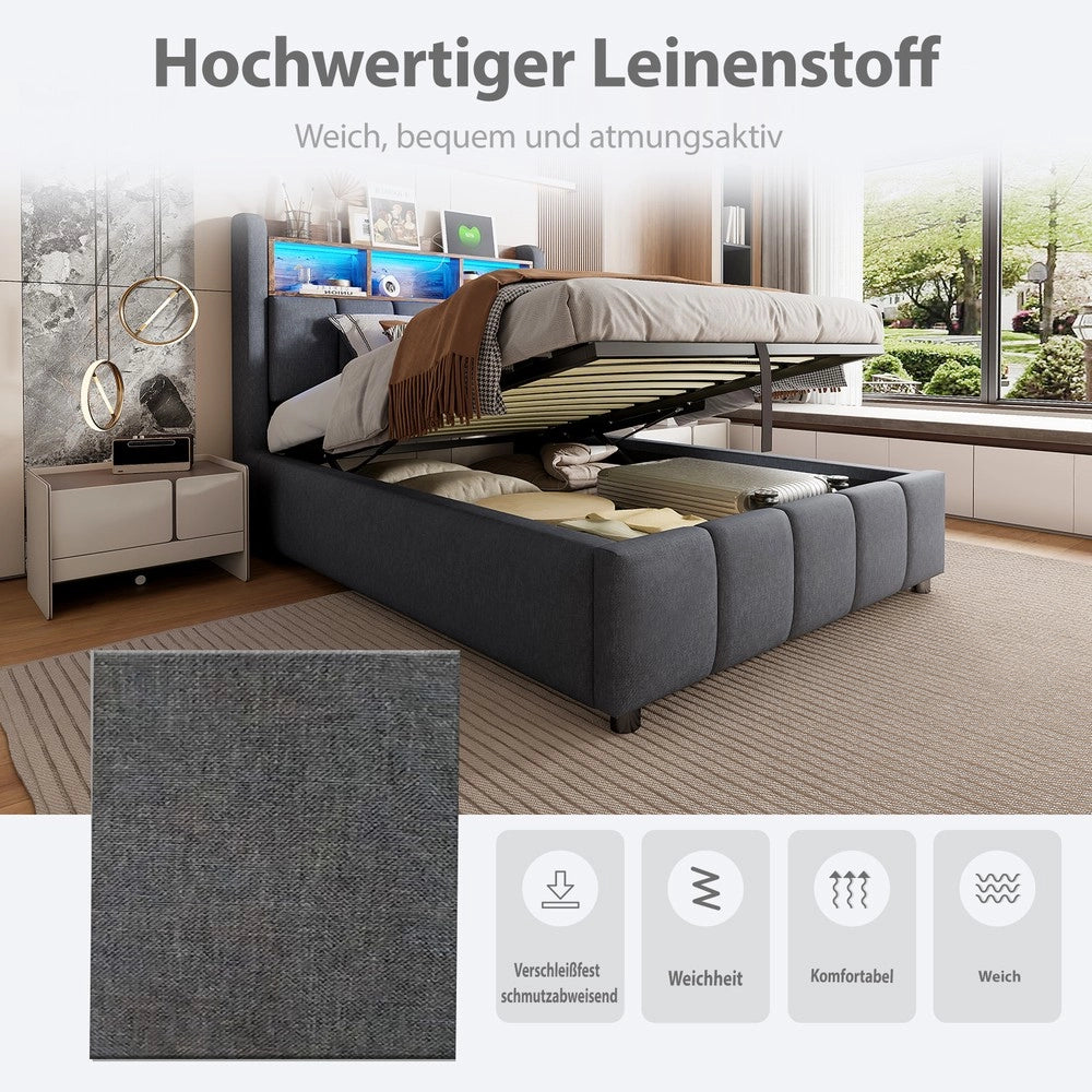 Letto Singolo Imbottito con LED, USB e Contenitore Idraulico ¨C MINIMAL ¨C Grigio, 90x200